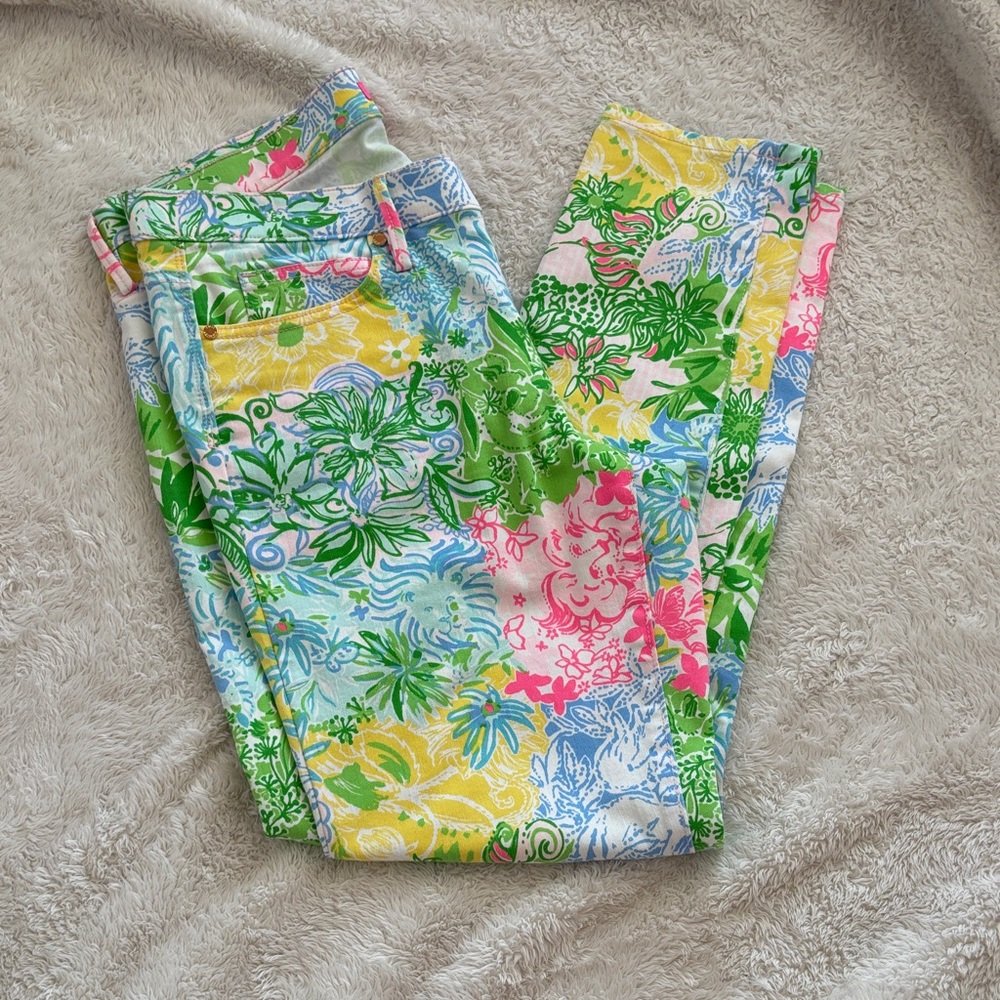 Lilly Pulitzer Multicolor Floral Patchwork Jeans (Green, Pink, Yellow, Blue)